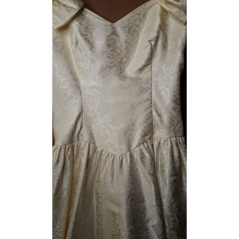 Vintage 80s 90s Satin Wedding Gown with Cathedral Train Romantic Brocade Floral - Picture 11 of 16